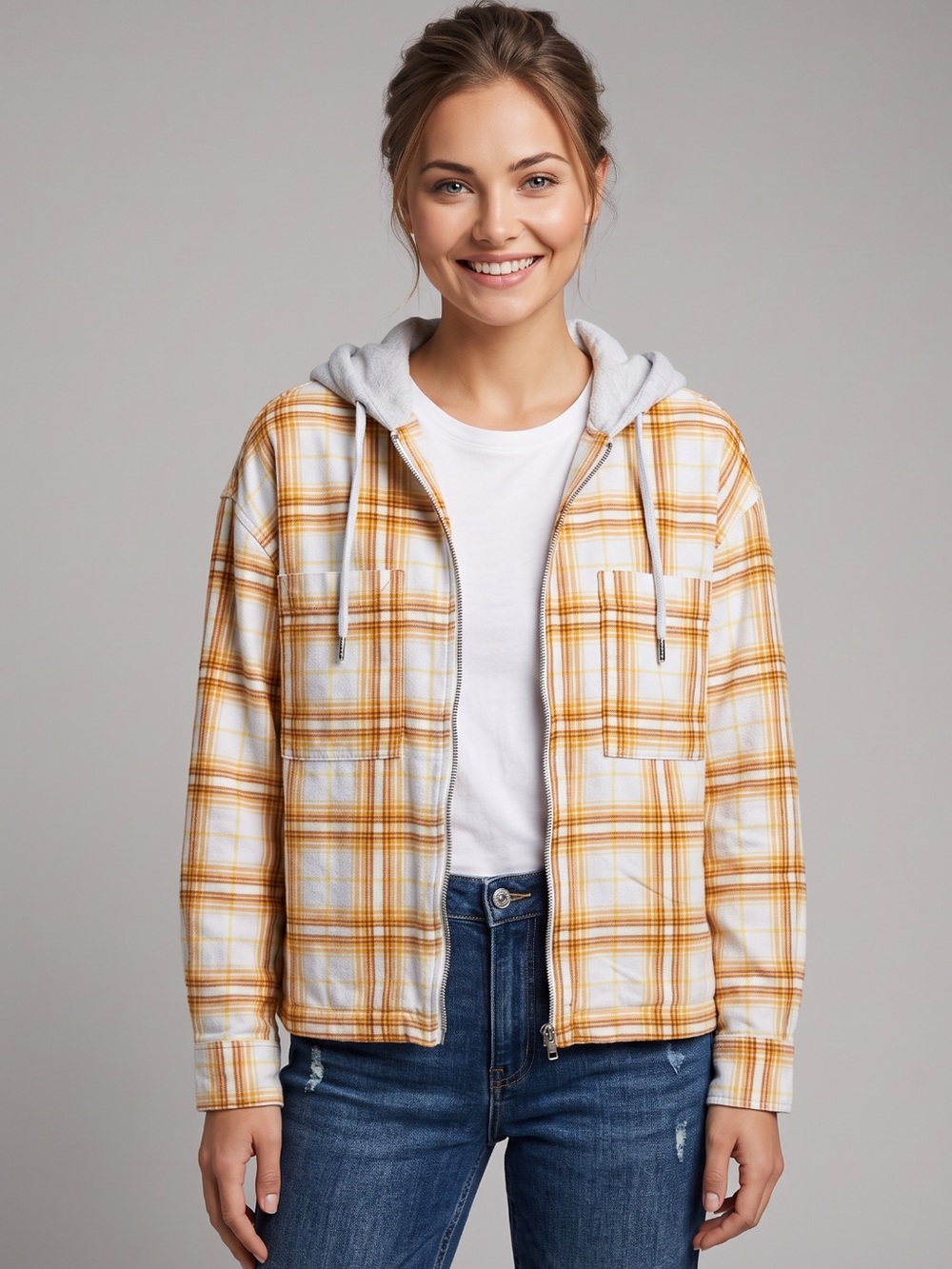 🌻Urban Outfitters Vera Plaid Jacket Yellow Brown Hooded Full Zip Size XS